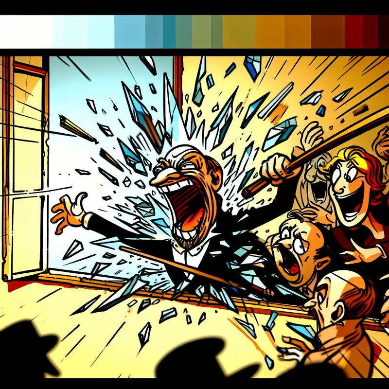 Cartoon afbeelding van de breker die een raam kapotslaat tijdens een vechtpartij, met een ondeugende glimlach en vliegende glasscherven.