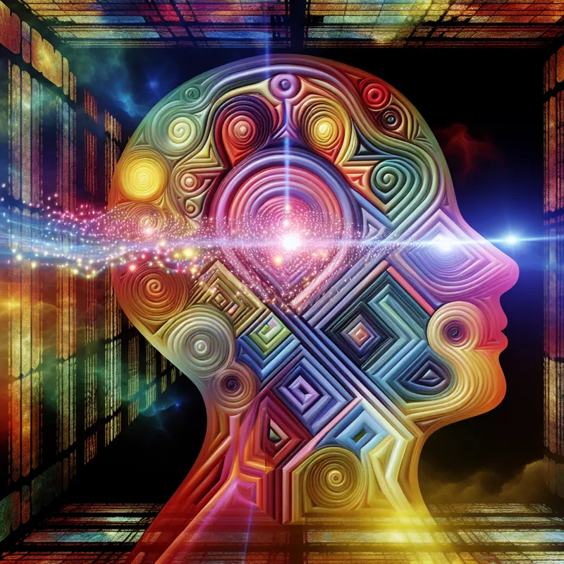Surrealistische afbeelding van een menselijke geest gevormd uit complexe, kleurrijke geometrische vormen in een retro-futuristisch landschap.