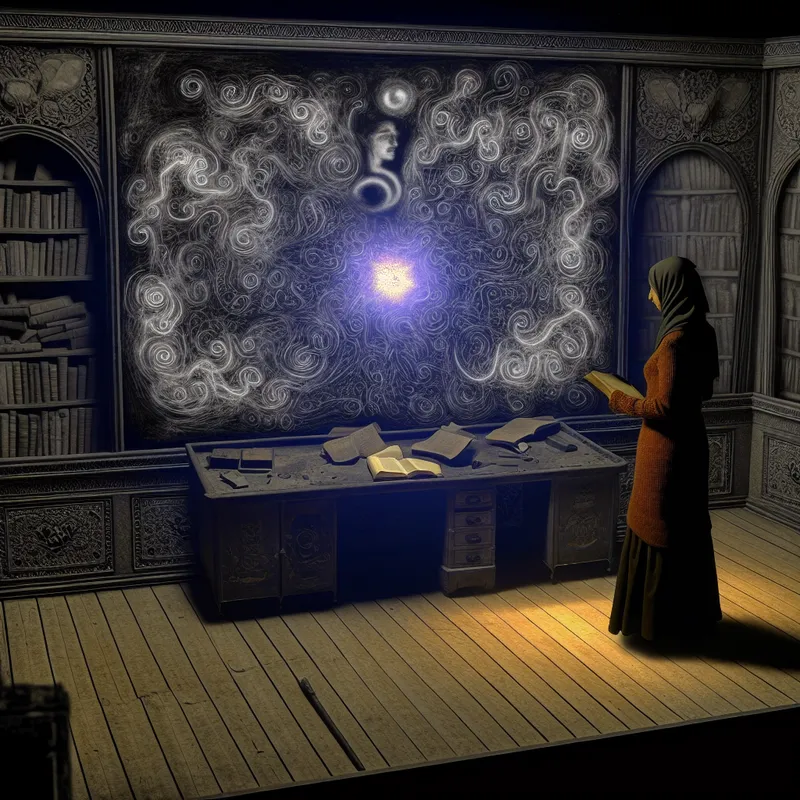 Een persoon staat voor een grote zwarte schoolbord vol met ingewikkelde krijtschriften, met in het midden dezelftige frase 'De gist van zijn uitleg' in het licht.