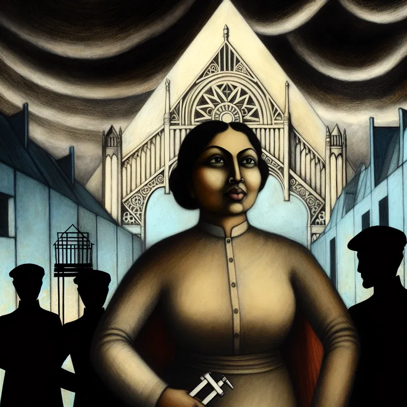 Een krachtige vrouwelijke figuur, de moeder van de moderne architectuur, staat voor een grandioos gothisch gebouw met intrigerende architectonische details.