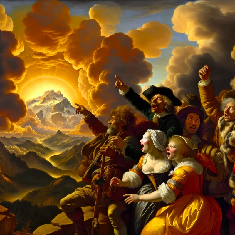 Barokke scène van reizigers in 17e-eeuwse kleding die bij zonsopgang een adembenemend berglandschap bewonderen, symbool voor 'de moeite waard'