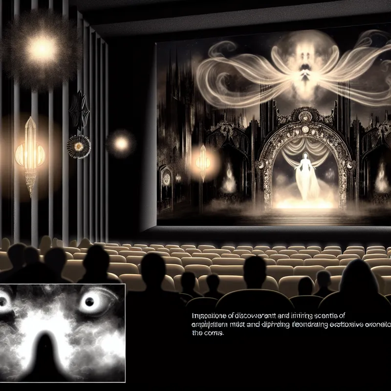 Een donkere en mysterieuze bioscoopzaal met een publiek van schimmige figuren.