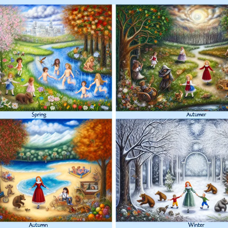 Een illustratie van de vier seizoenen met bloeiende bloemen in de lente, zonnige stranden in de zomer, kleurrijke bladeren in de herfst en besneeuwde landschappen in de winter.