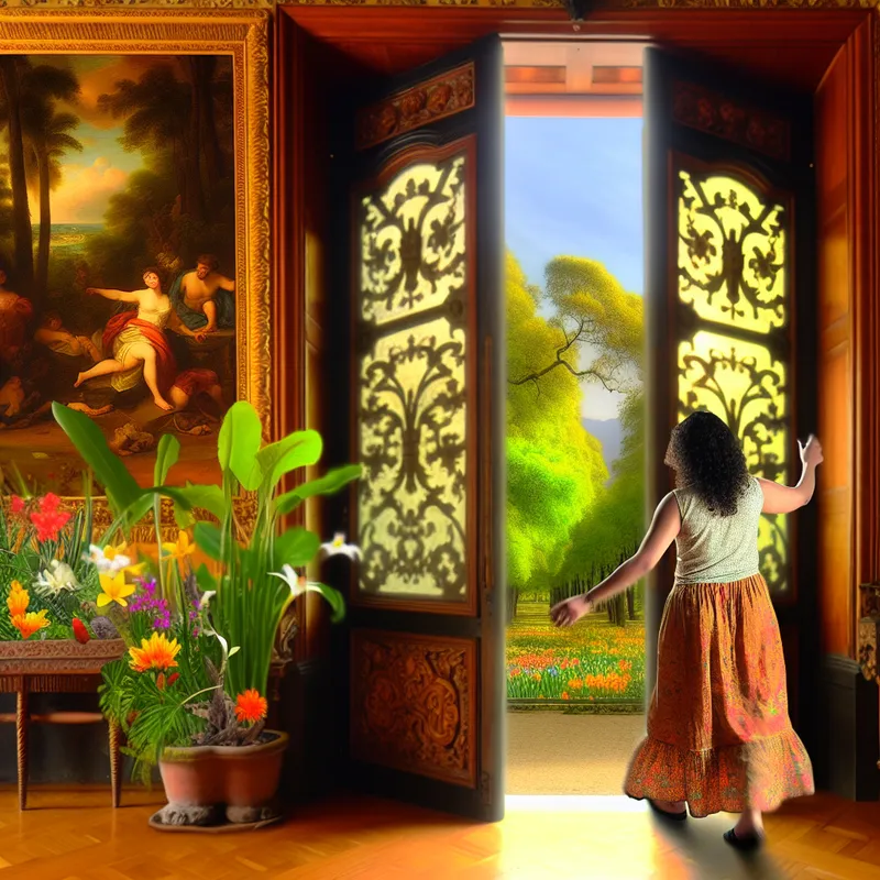 Vrouw opent een grote, versierde deur naar een zonverige ruimte vol met groene planten en kleurrijke bloemen.