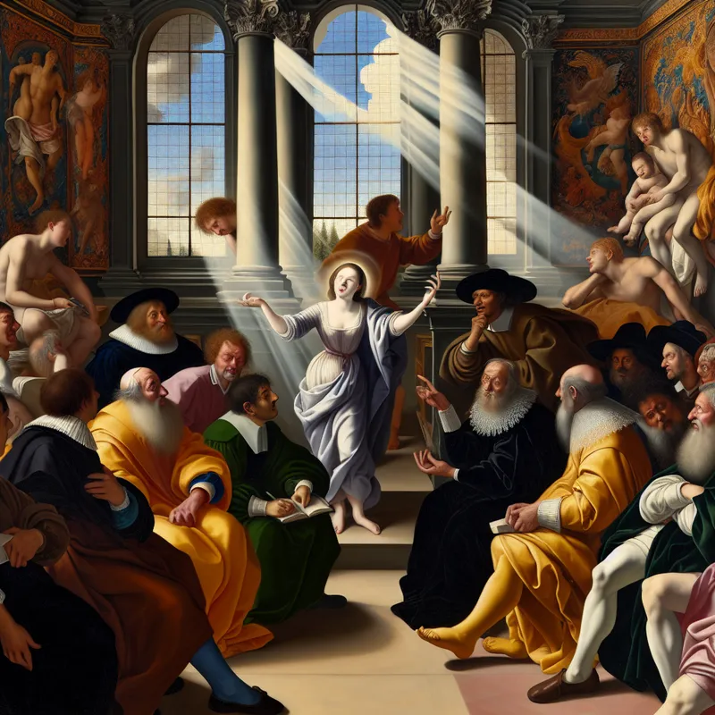 Een levendige Barokscene van een debat onder diverse geleerden over klimaatverandering in een rijk versierde kamer.