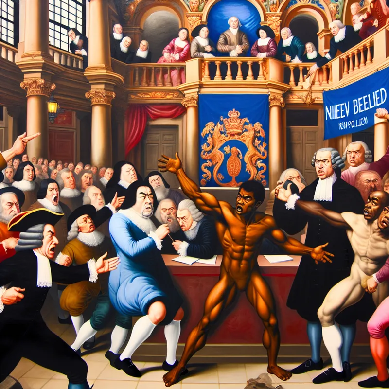 Een levendig debat in een luxe kamer met diverse individuen die fel in discussie zijn tegen een voorstel over een nieuw beleid.