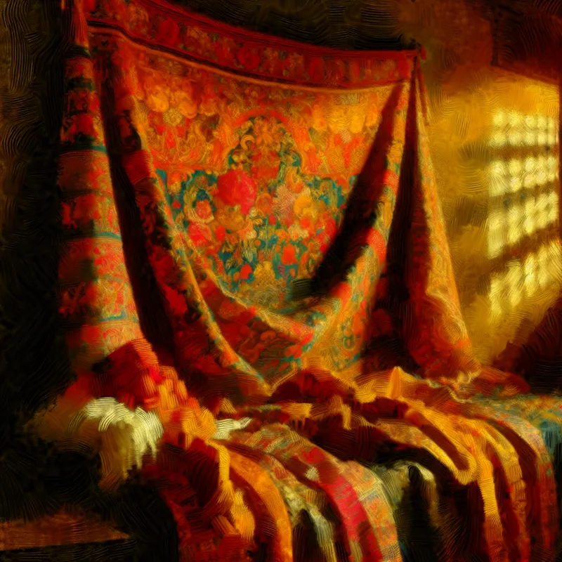 Kleurrijk decoratief doek dat elegant vanuit de muur hangt, met rijke patronen en dramatische belichting