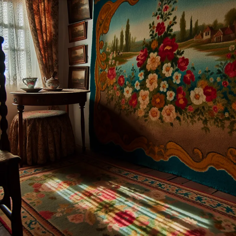 Decoratief vloerkleed met een levendig bloemenpatroon dat aan de muur hangt in een sfeervolle vintage kamer.
