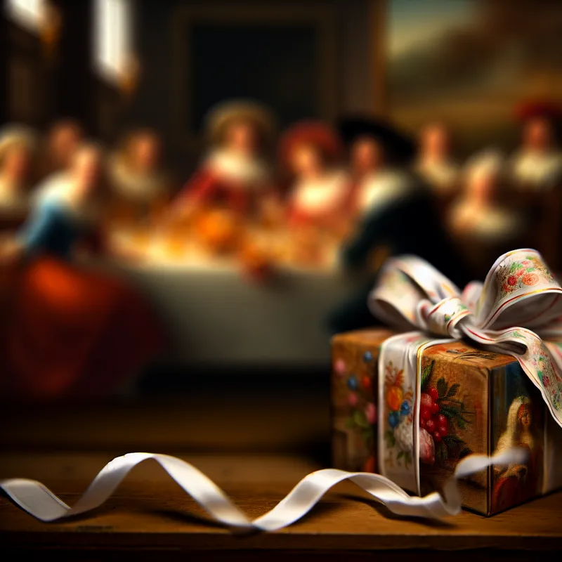 Een mooi ingepakt cadeau met een decoratieve draai om het lint, op een houten tafel.