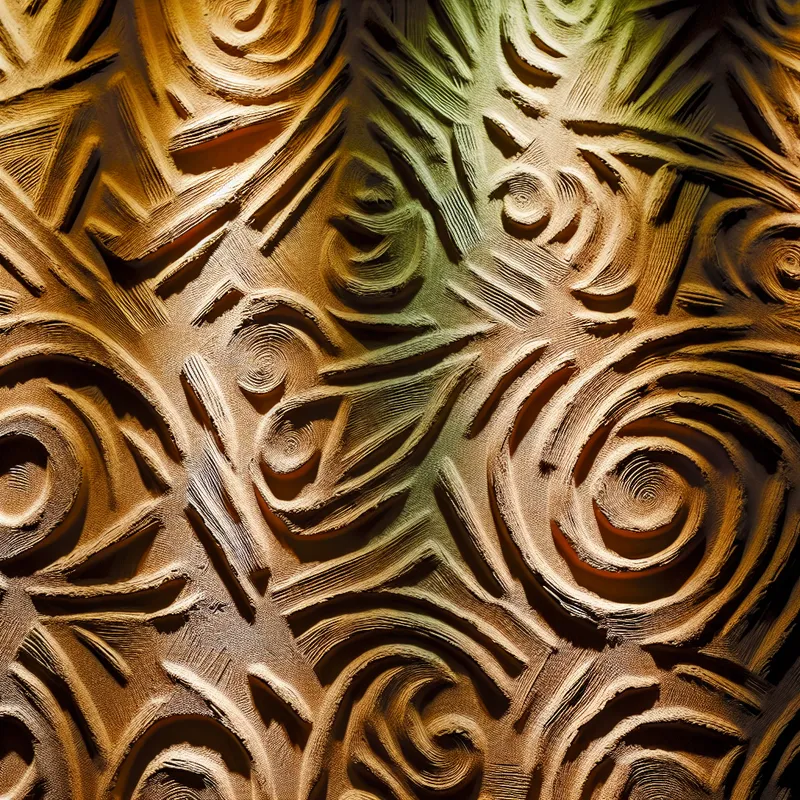 Textured wall with intricate grooves and decorative patterns reminiscent of Van Gogh's painting style