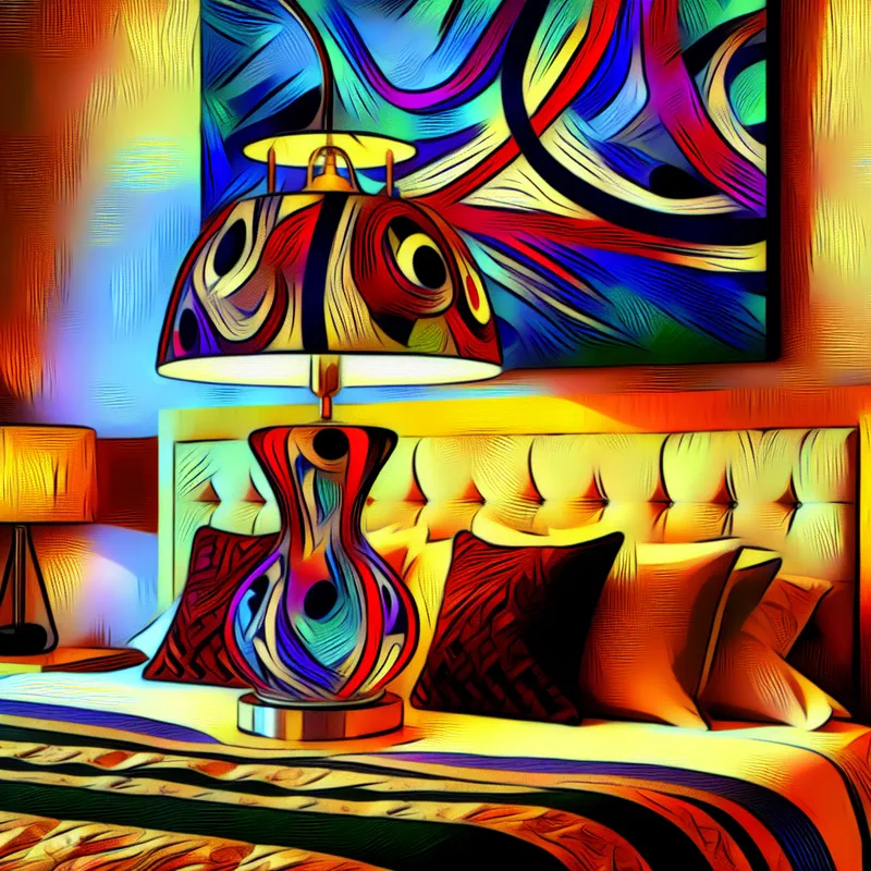 Een kleurrijke lamp in een stijlvolle slaapkamer, verlicht met een abstracte ontwerp.