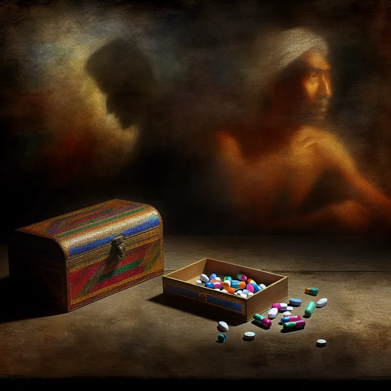 Een open medicine box met kleurrijke pillen op een houten tafel, verlicht door kaarslicht, met een vage schim van een persoon op de achtergrond.