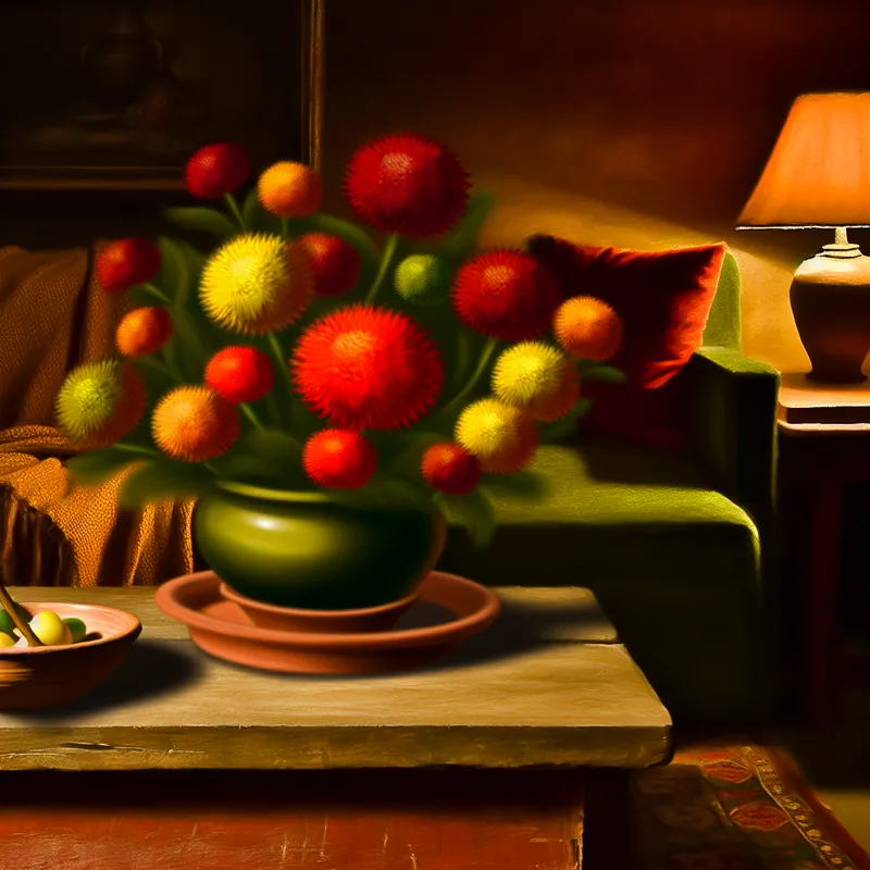 Kleurrijke schaal gevuld met bloemen op een salontafel in een gezellige woonkamer.