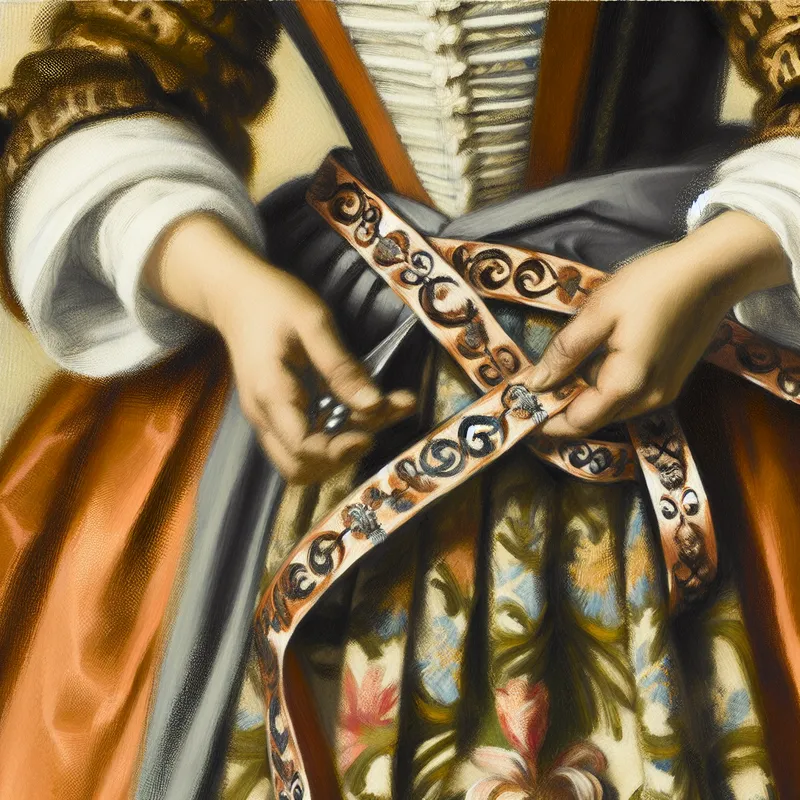 Vrouw in 17e-eeuwse Nederlandse kleding die een decoratieve stoffen band om haar middel vastmaakt