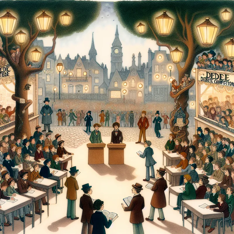 Jongeren die deelnemen aan een DEDE debatwedstrijd in een charmant park, met podiums en een banner