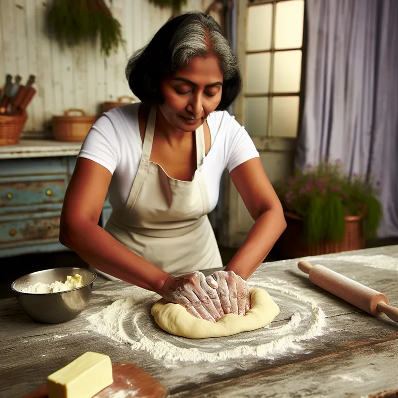 Kok kneed deeg met boter op een rustieke houten keukentafel