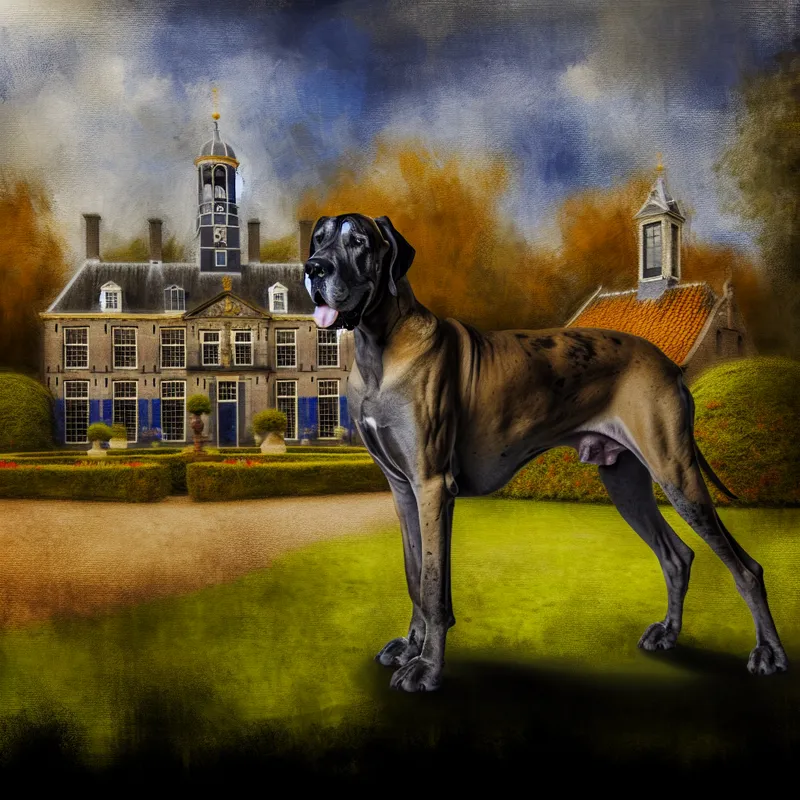 Majestueuze Deense dog staat waakzaam voor een historisch Nederlands landhuis in de stijl van Frans Hals