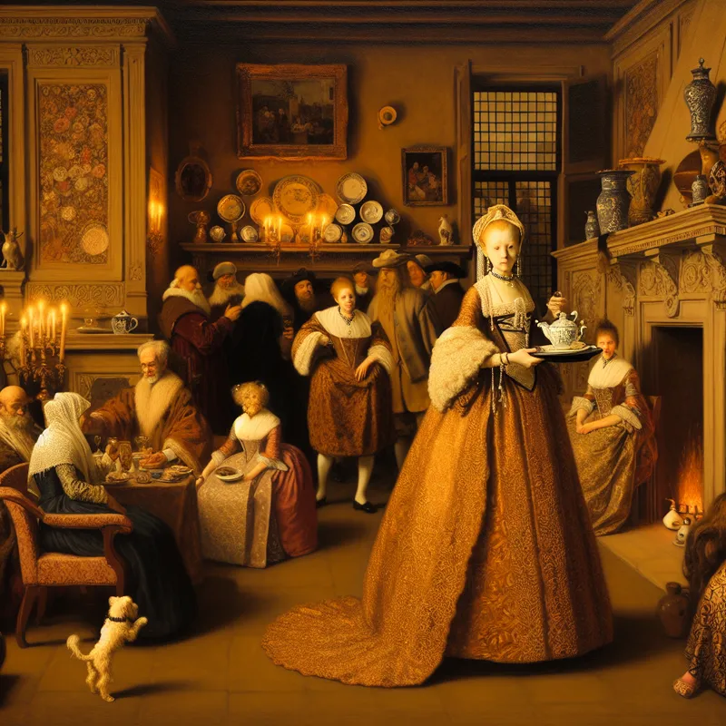 17e-eeuwse Nederlandse familie in deftige kleding tijdens een elegante bijeenkomst in een rijkversierde salon