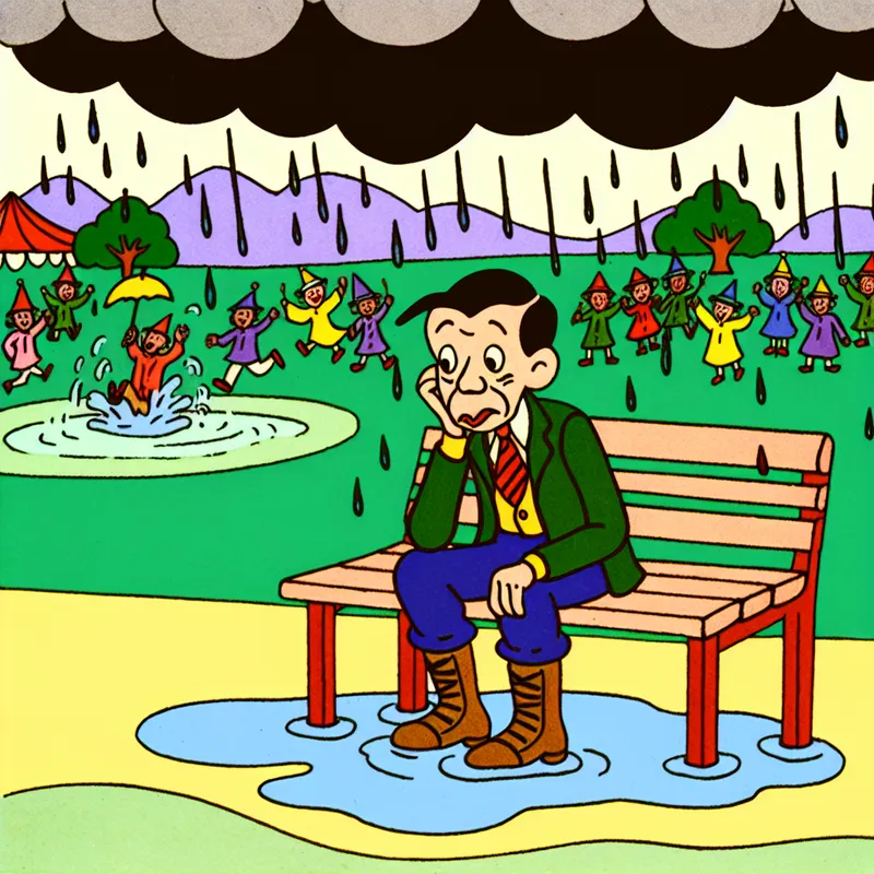Een cartoonachtige afbeelding van een man met een dejected gezicht, zittend op een bankje in de regen, omgeven door plassen, terwijl anderen vrolijk een festival genieten op de achtergrond.