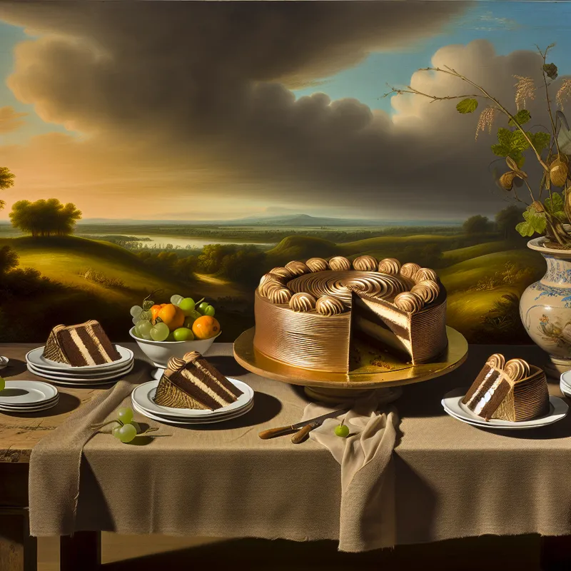 Buiten een rustieke tafel met een prachtig versierde ronde taart die in vier gelijke stukken is gesneden, elk stuk op elegante borden.