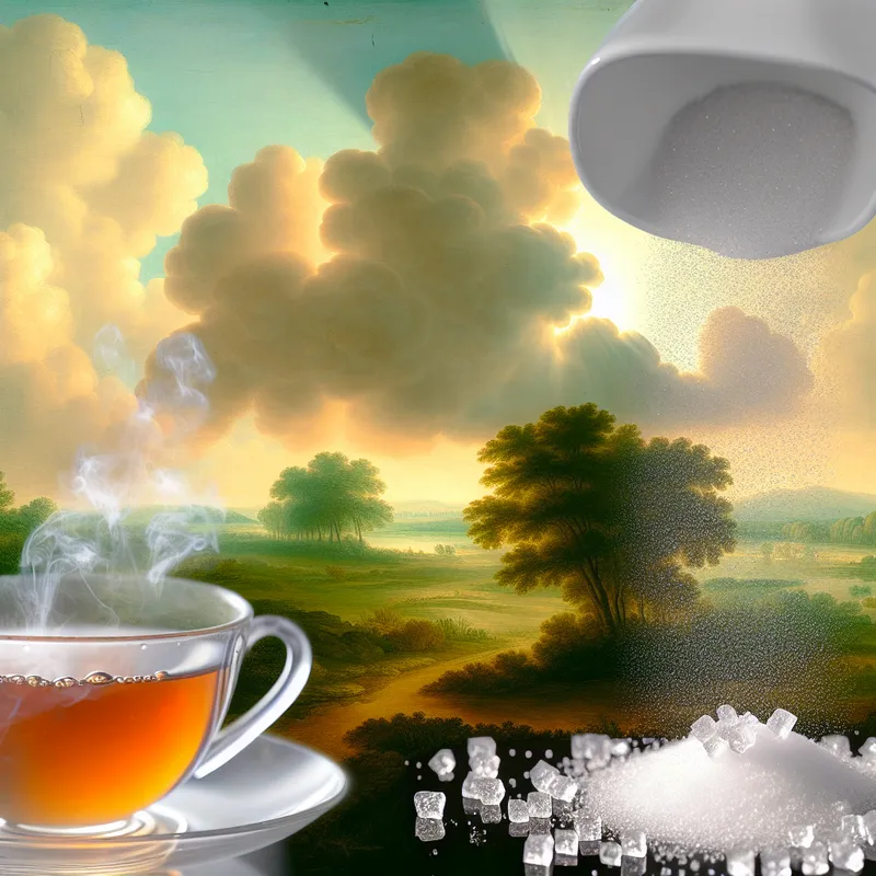 Een delicate theekop gevuld met helder thee, omringd door fonkelende suiker kristallen.