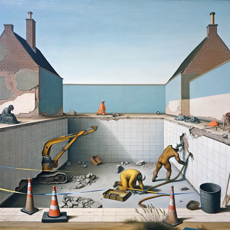 Werknemers demonteren zorgvuldig een oude zwembadstructuur in een buitenomgeving met een blauwe lucht en afval eromheen.