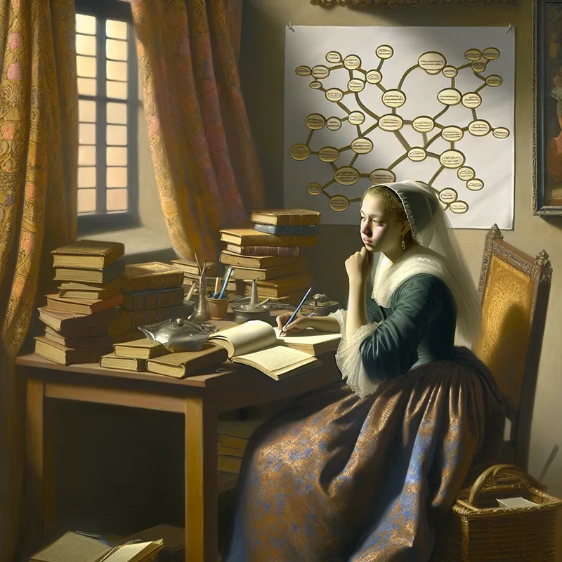 Een denkende student in een gezellige studieomgeving, omringd door boeken en elegante stoffen.