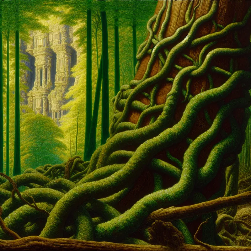 Hyper-realistisch beeld van een dichte bos met verwrongen lianen die zich om een enorme oude boomstam winden.