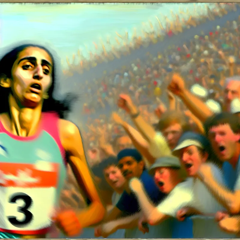 Loper in derde plaats passeert de finish, omringd door juichend publiek, in de stijl van Frans Hals.