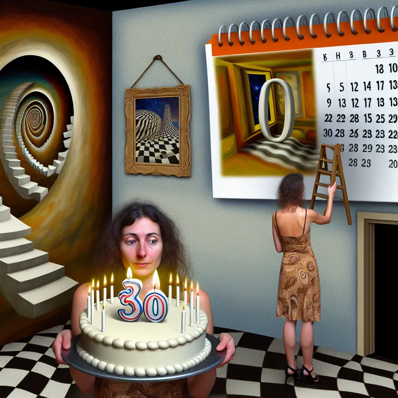 Surrealistische verjaardagstaferel van dertig jaar in de stijl van M.C. Escher met optische illusies en geometrische patronen