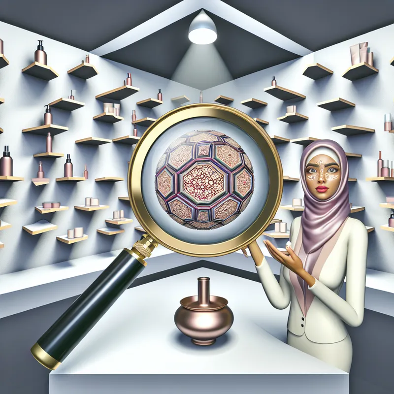 Surrealistische voorstelling van een schoonheidsspecialiste die deskundig advies geeft over huidverzorging en cosmetica, geïnspireerd op M.C. Escher met zwevende producten en fractalpatronen