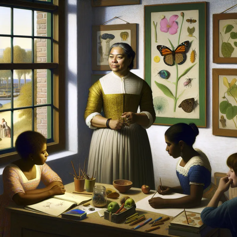 Biologie docent in klaslokaal, omringd door kleurrijke posters, uitleggend aan studenten die een vlinder bestuderen.