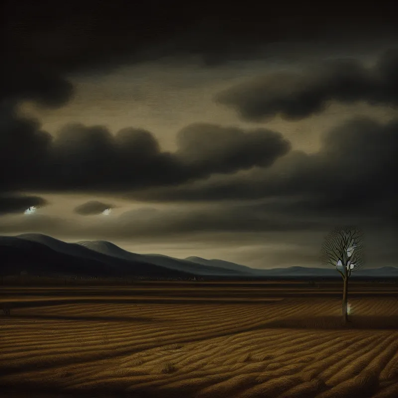 Desolaat landschap met golvende heuvels, een moody lucht en een eenzame boom in de voorgrond