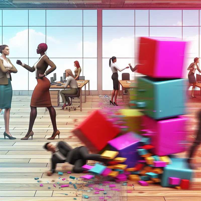 Twee groepen diverse professionals in een kantoor met gespannen lichaamstaal, terwijl een project met kleurrijke blokken instort op de achtergrond.