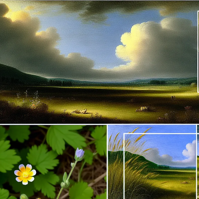 Dichtbij opname van een kleine, levendige bloem in een uitgestrekt veld, omringd door hogere grassoorten en andere wilde bloemen, met op de achtergrond glooiende heuvels onder een dramatische lucht.