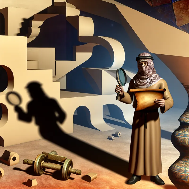 Een detective die een oude rol onder een vergrootglas onderzoekt te midden van mysterieuze artefacten en een surrealistische achtergrond van gedraaide trappen.