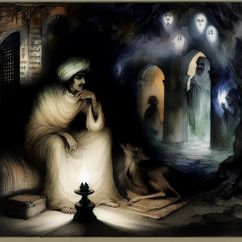 Illustratie van een figuur die een distressed dier helpt in een oude omgeving, omringd door subtiele gotische elementen en verlicht door zacht kaarslicht.