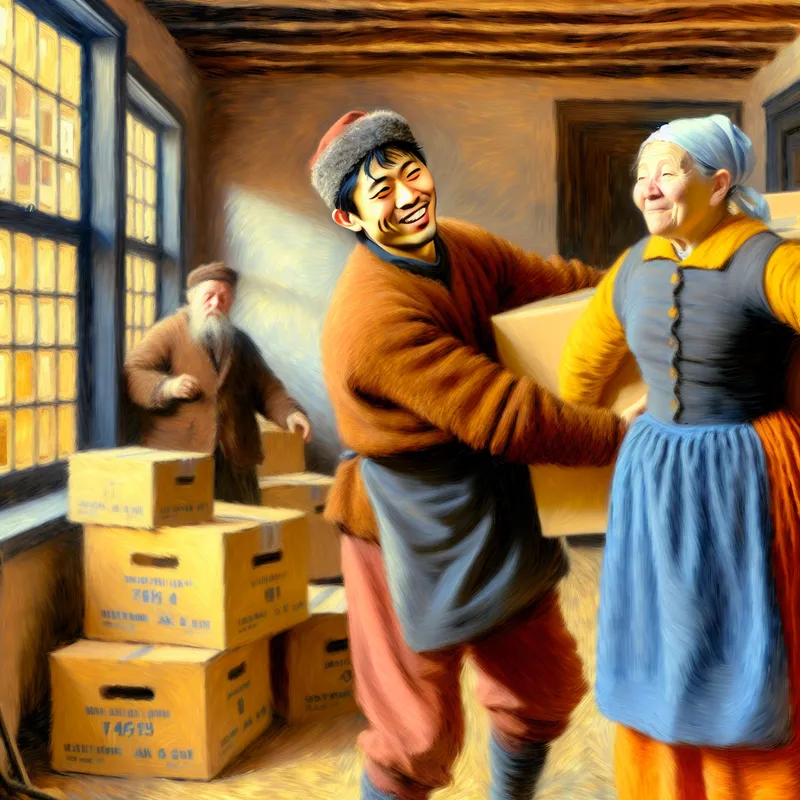 Vriendelijke persoon helpt een oudere vrouw met het dragen van een zware doos tijdens een verhuizing, toont deugdzaamheid en medemenselijkheid in een warme, huiselijke setting