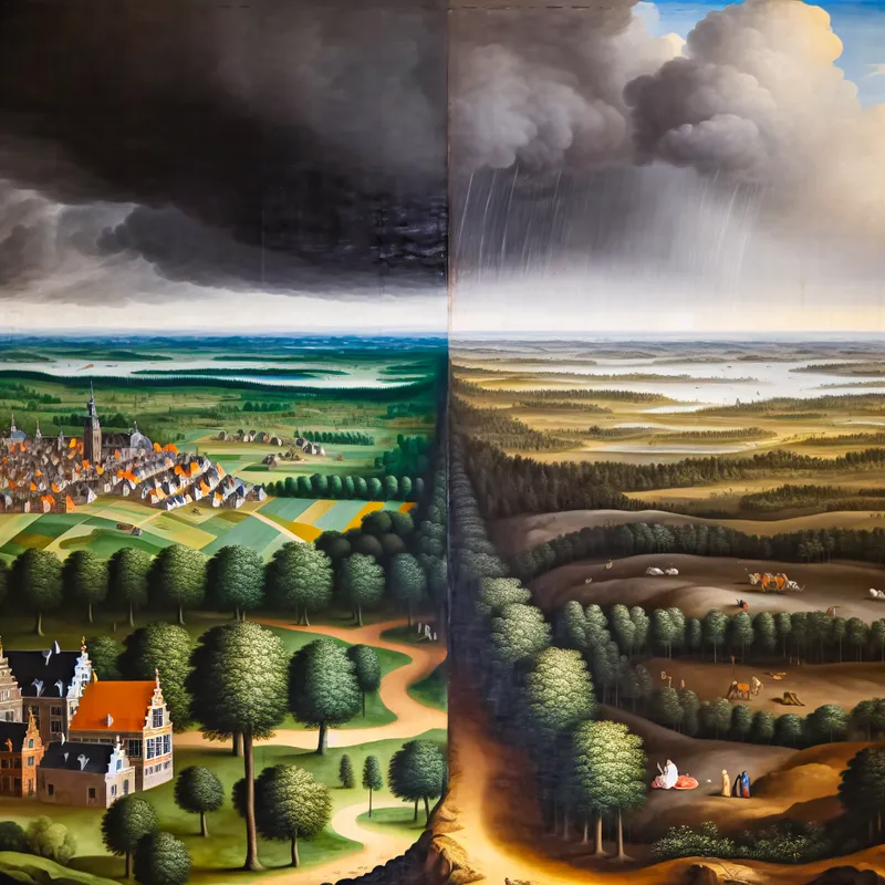 17e-eeuws Nederlands landschapsschilderij van Jacob van Ruisdael met een duidelijk contrast tussen een zonnig dorp en een donkere, regenachtige kant van het gebied