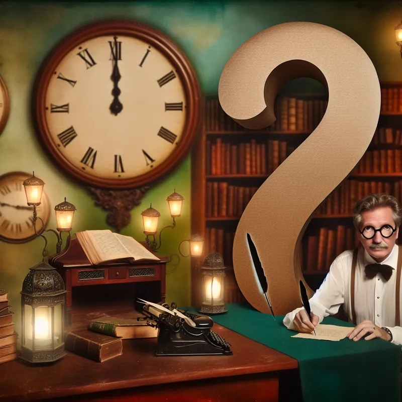 Een dichter schrijft op perkament aan een vintage bureau, omringd door boeken en een groot decoratief leesteken.