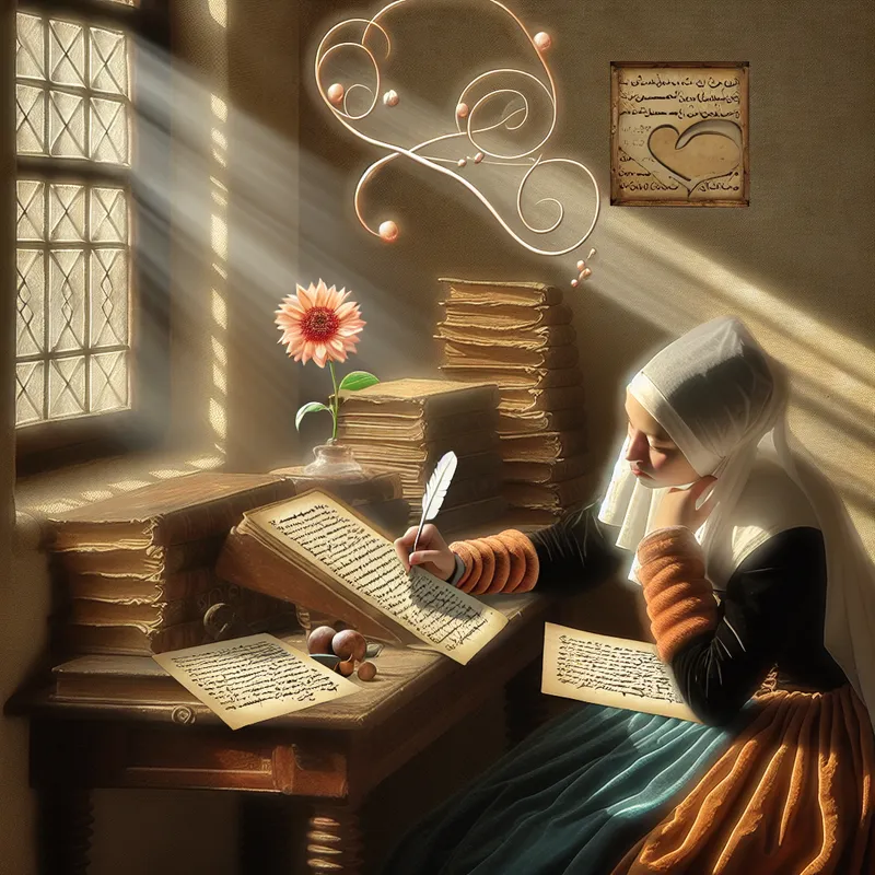 Een serene woonkamer met een dichteres aan een houten tafel, omringd door boeken en perkament, terwijl ze in gedachten verzonken is.