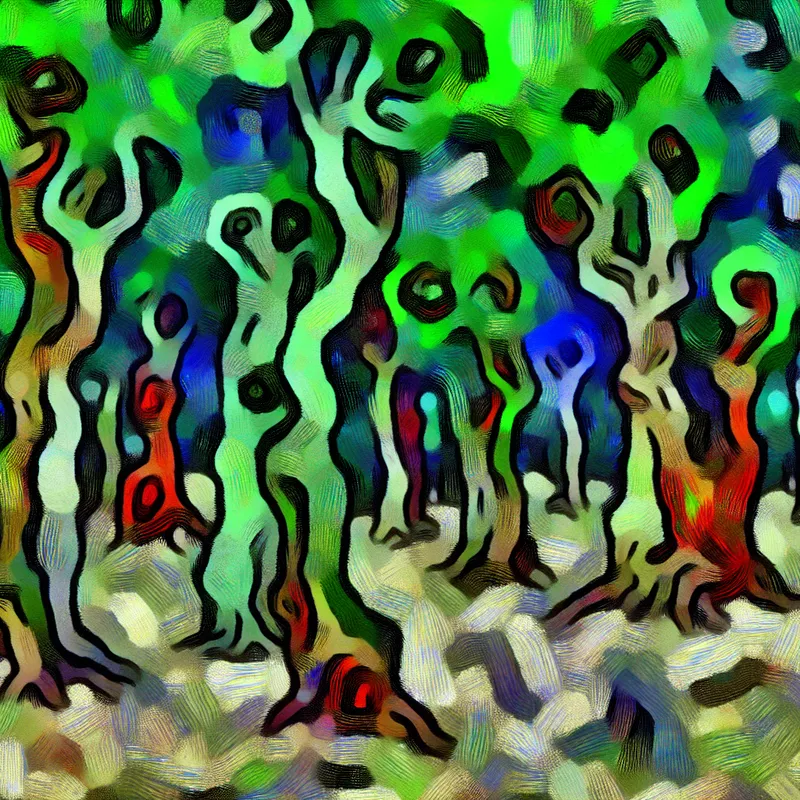 Abstracte voorstelling van een mysterieus historisch bos met levendige kleuren en expressieve vormen, geïnspireerd op Karel Appel