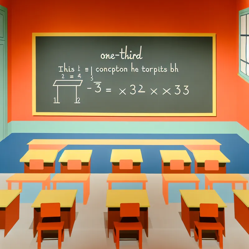 Minimalistische klaslokaal scène in Dick Bruna stijl met lege stoelen en bord met breuken