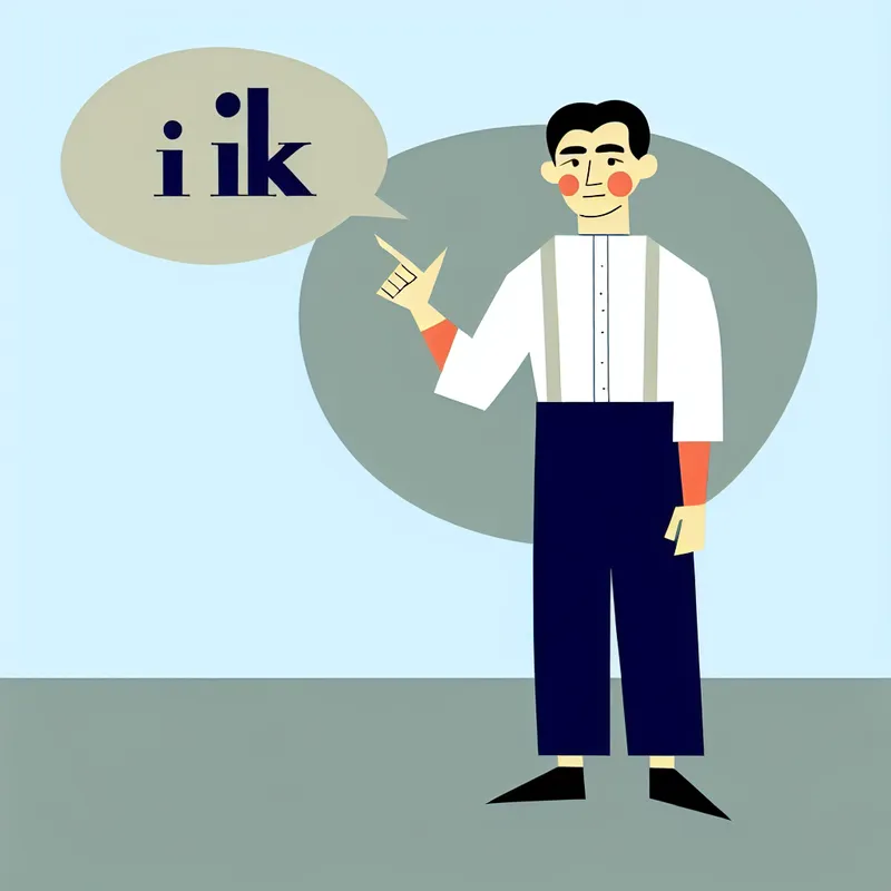 Minimalistische illustratie in Dick Bruna-stijl van een persoon die naar zichzelf wijst, met een tekstballon met 'ik'.