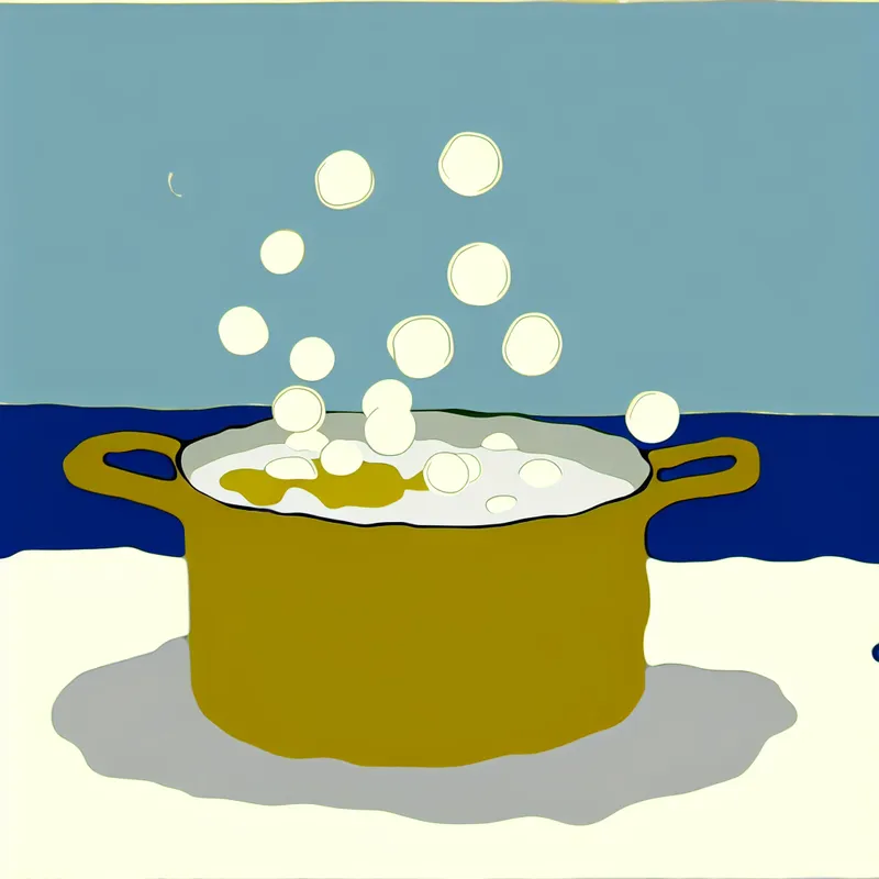 Pot met soep die borrelt op een fornuis in Dick Bruna-stijl met luchtbellen