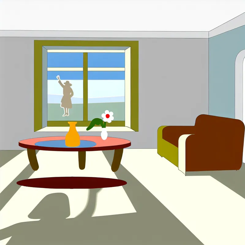 Minimalistische woonkamer in Dick Bruna stijl met een enkele bloem als symbool voor 'slechts één keer'