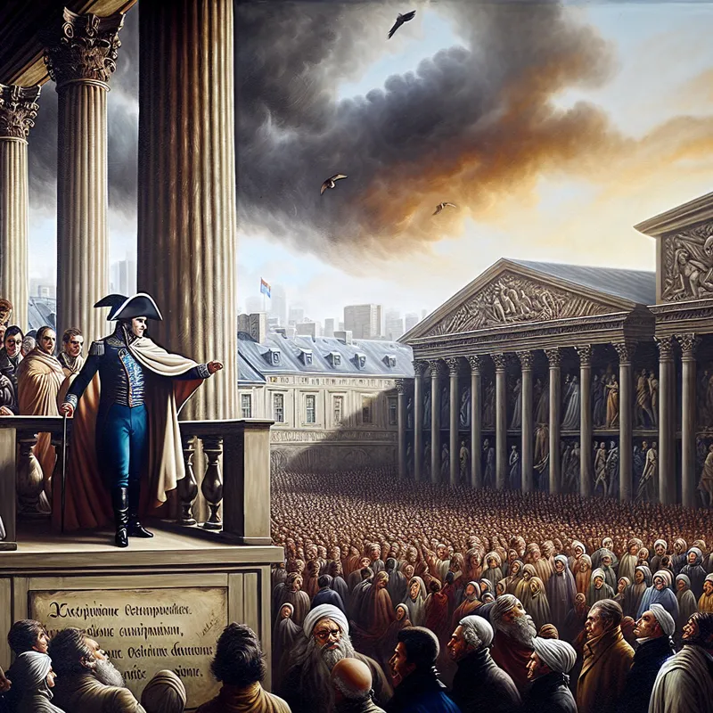 Een dictator in een militaire uniform op een balkon kijkt neer op een onderdrukt publiek. In zijn hand houdt hij een document met strenge regels.