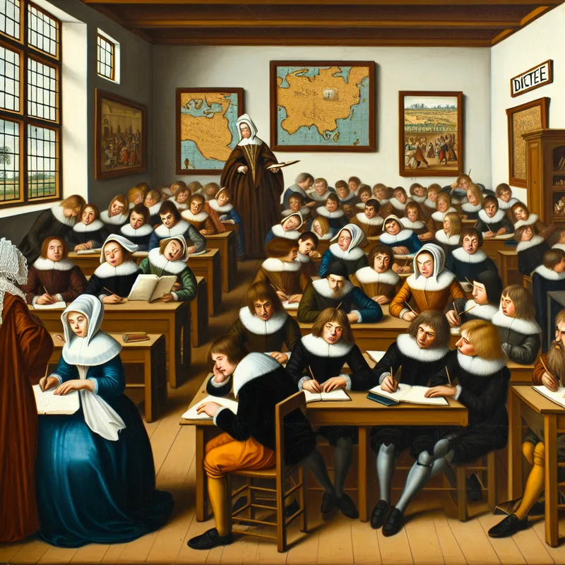 Een levendige klaslokaal scène met studenten die geconcentreerd zijn tijdens een dicteetoets, een leraar in historische kleding en een groot krijtbord met het woord 'Dictee'.