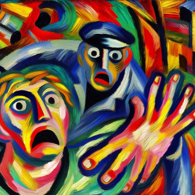 Expressieve schildering in stijl van Karel Appel van een dief die op heterdaad betrapt wordt door een gezagsfiguur, met felle kleuren en dynamische penseelstreken