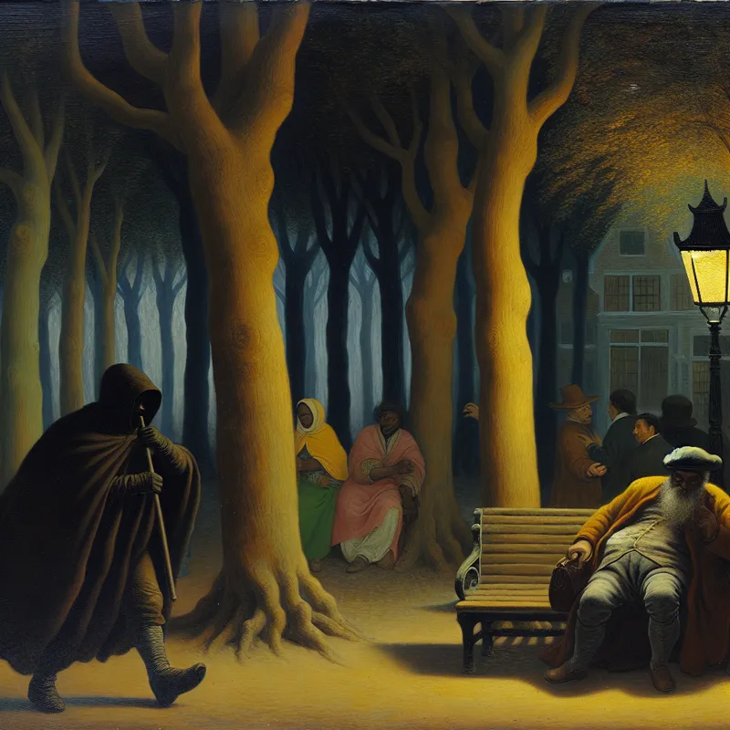 Een dief in donkere kleding sluipt naar een weerloze oudere man op een bank in het park, omringd door bomen en een warme sfeerverlichting.